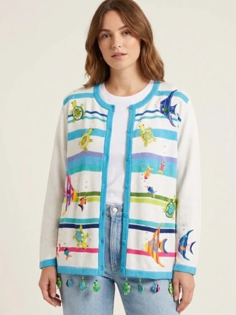 Just B Vintage Striped Tropical Fish Turtle Nautical Embroidered Beaded Cardigan